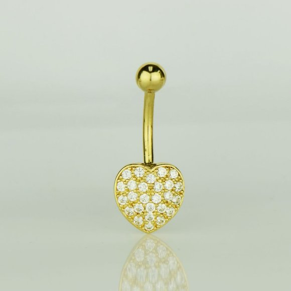 14K Solid Gold CZ Heart Belly Button Ring Piercing for Womens Body Jewelry Tiny - Picture 2 of 5